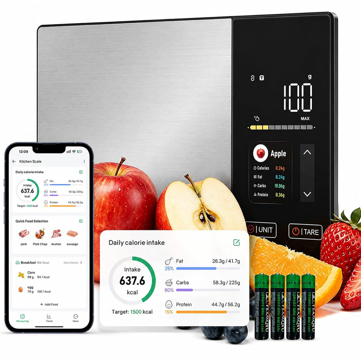 Smart Food Scale with Nutritional Calculator, Free App & Color Display