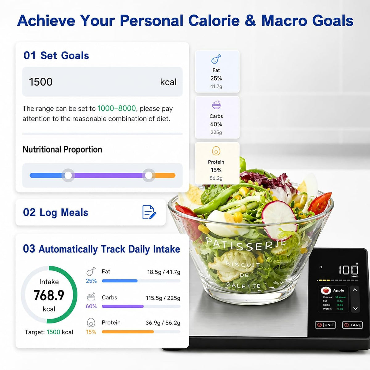Smart Food Scale with Nutritional Calculator, Free App & Color Display